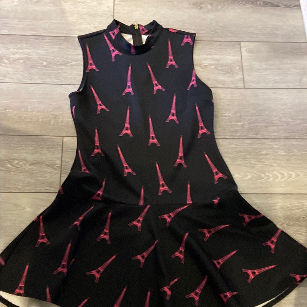 H&M Black and Pink Fit and Flare Dress Sleeveless Mock Neck
